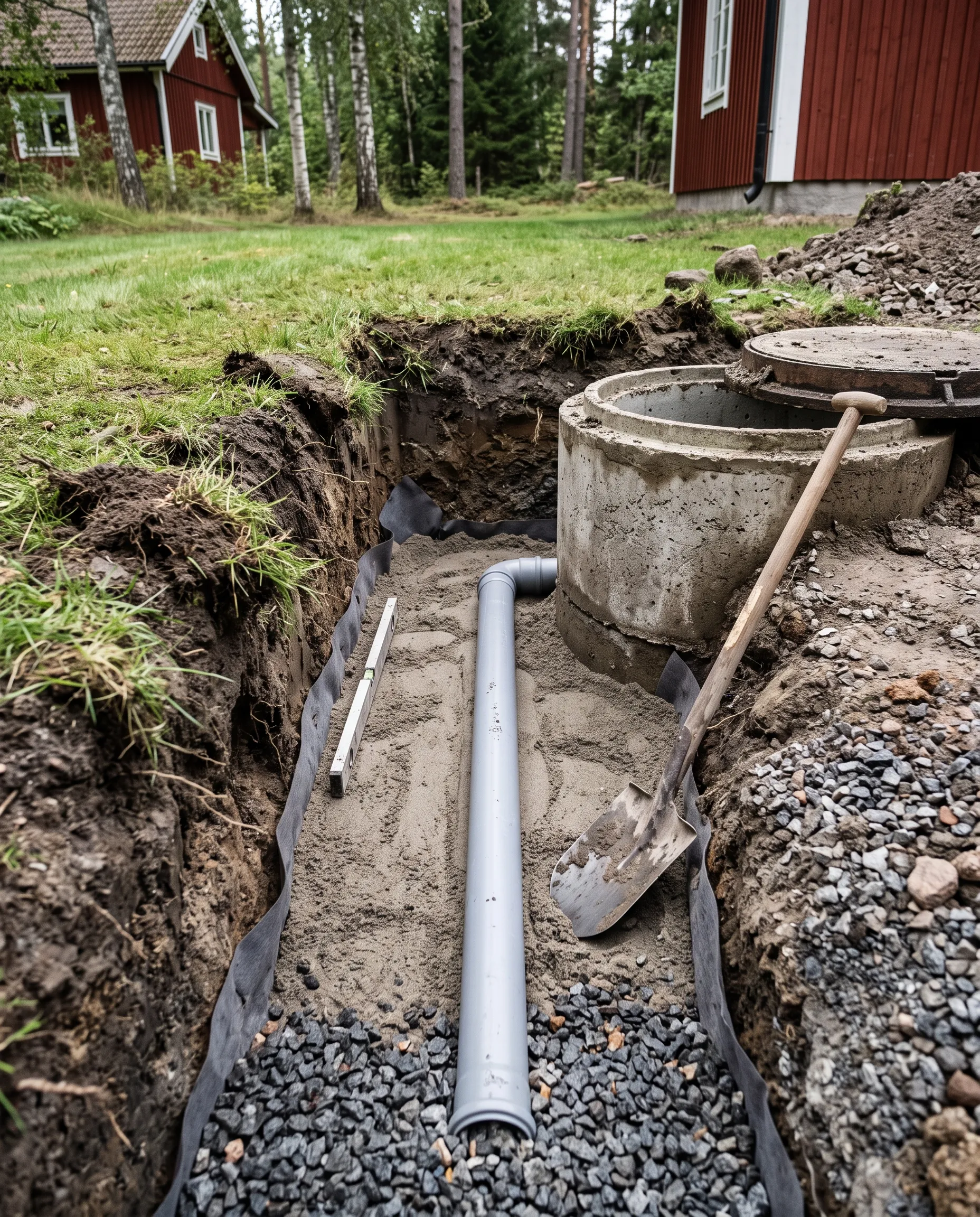 Nedlagd grå avloppsledning i sand i ett dike med en betongbrunn och ett lager grus