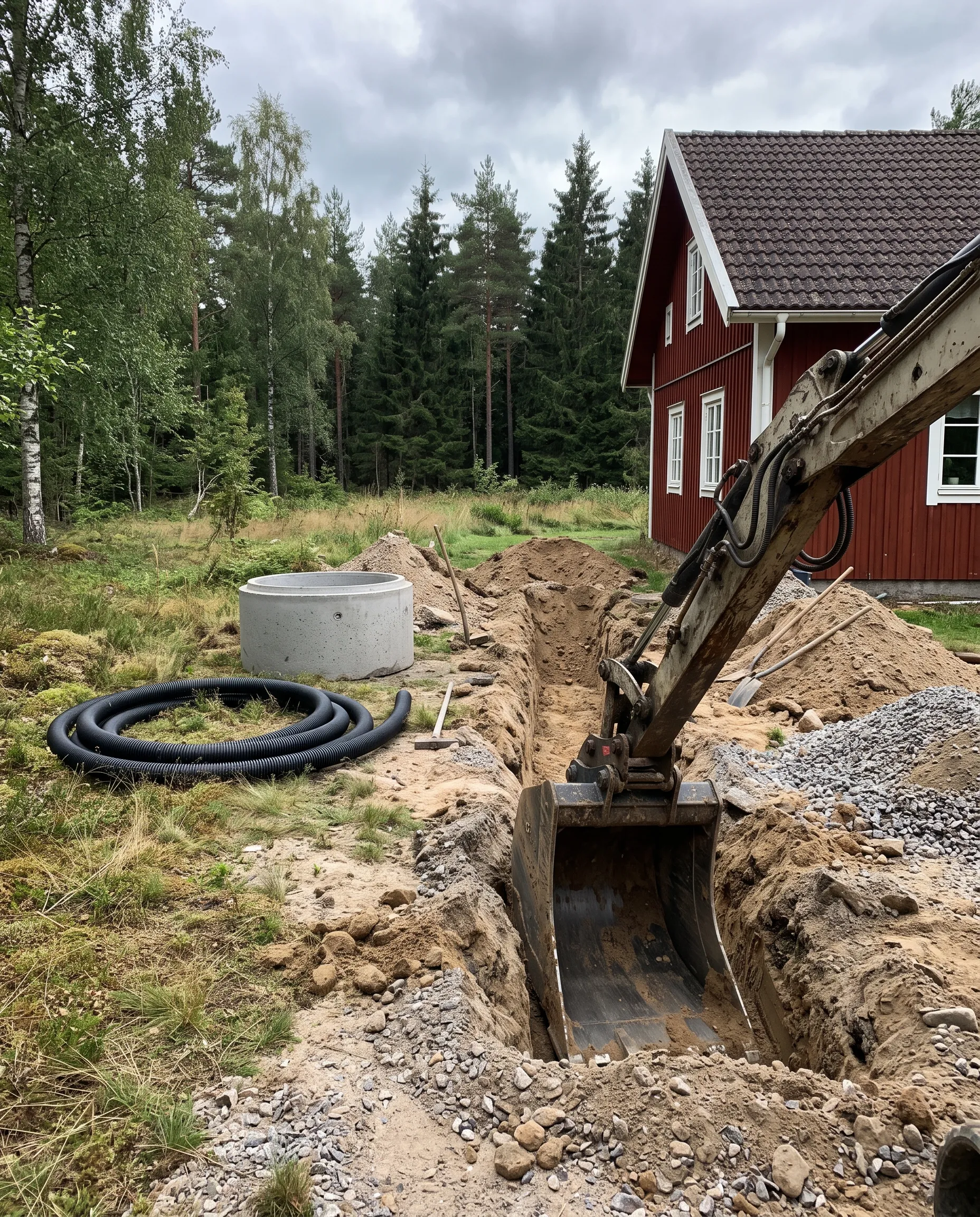 Grävmaskin som schaktar för ett avlopp bredvid ett rött trähus, med en betongbrunn och en svart avloppsslang vid diket