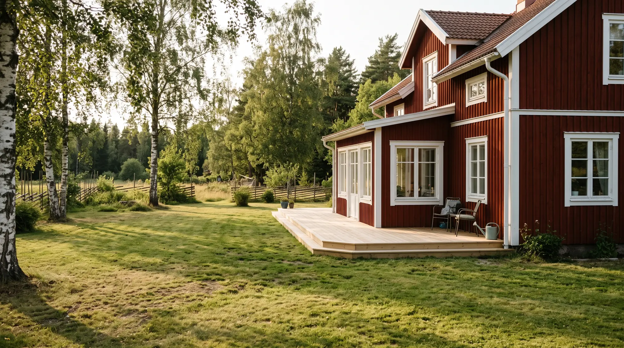 Rött trähus med vita knutar, en nybyggd tillbyggnad med stora fönster och ett trädäck mot gräsmattan