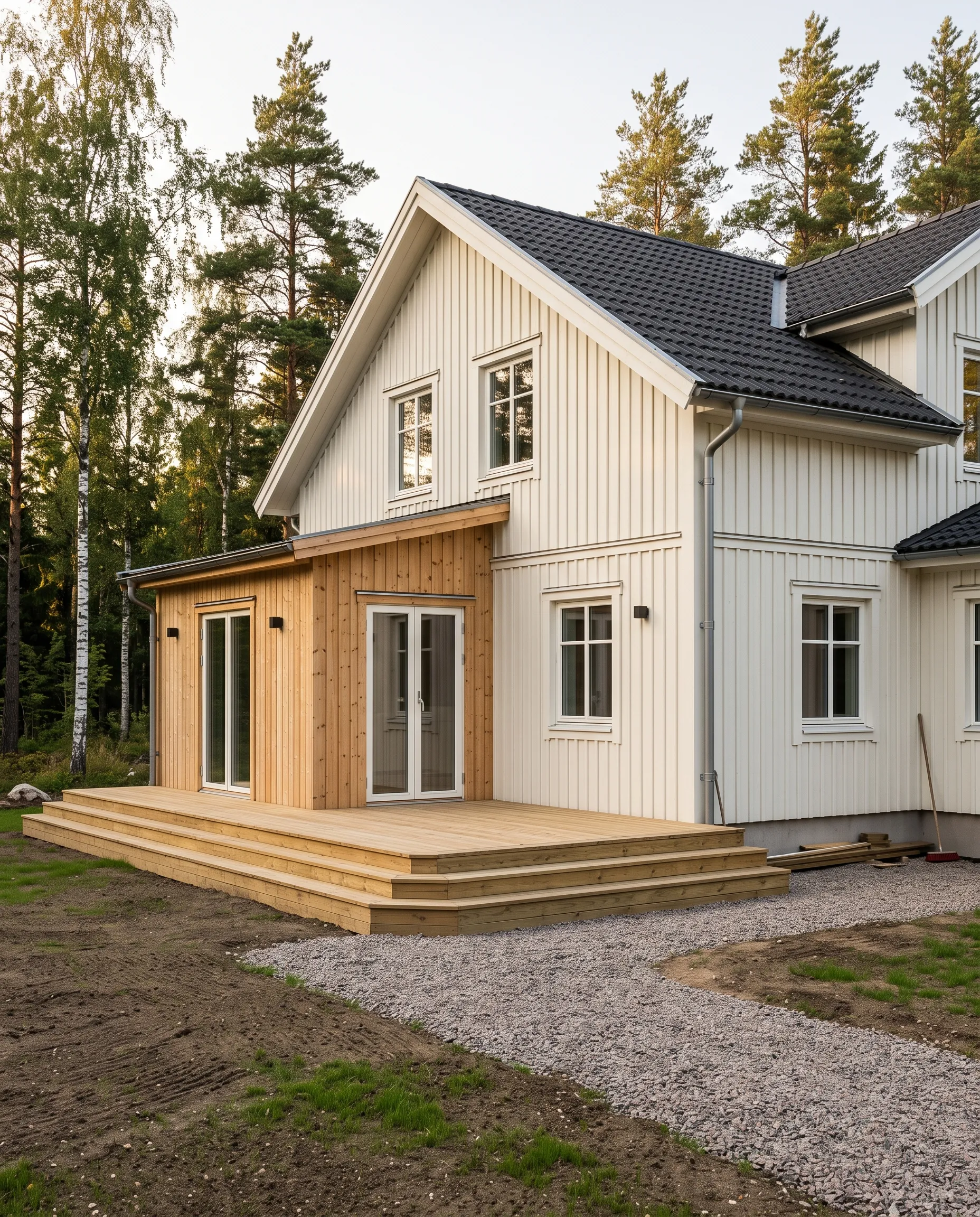 Nybyggt vitt trähus med ny träveranda och grusgång, omgivet av björk och tall