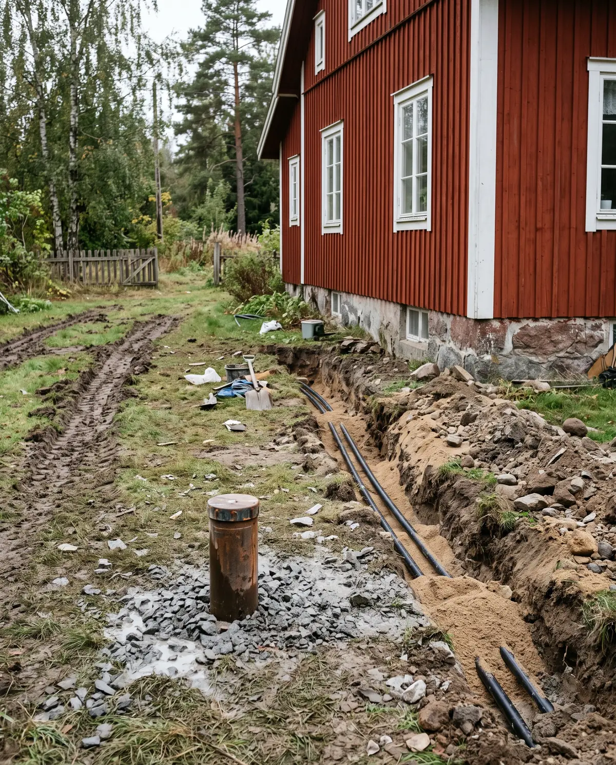 Borrhål med foderrör i en gräsmatta vid ett rött trähus, och ett dike med två kollektorslangar mot huset