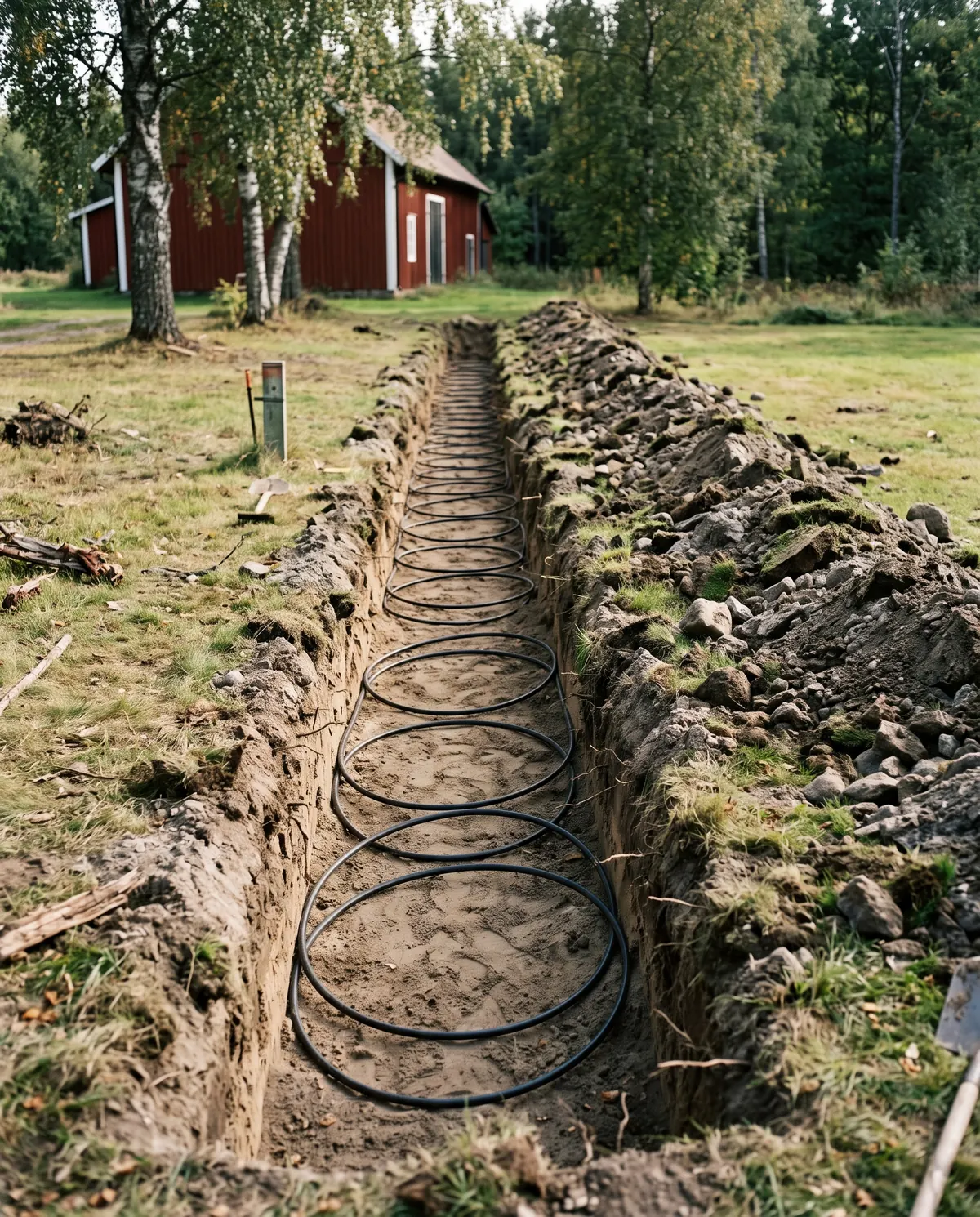 Långt dike över en gräsmatta med svart kollektorslang lagd i slingor på sandbotten