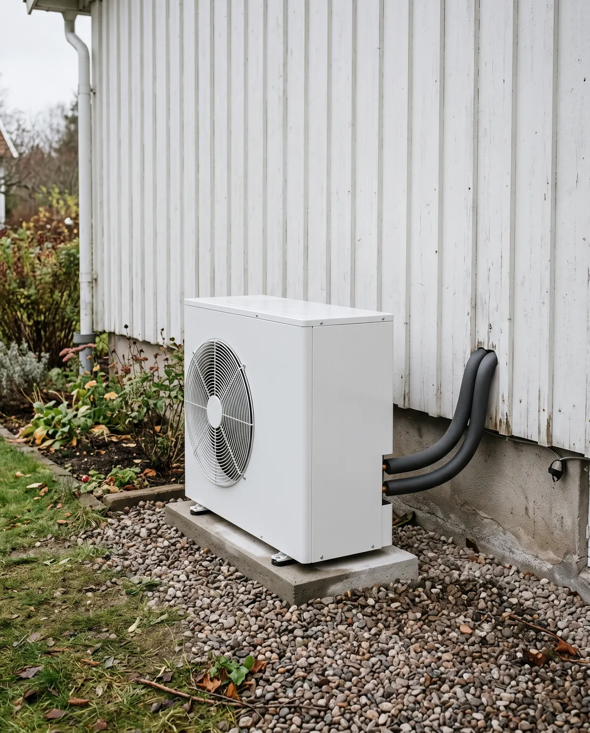Vit utedel till en luft/vatten-värmepump på en betongplatta mot en vit träfasad