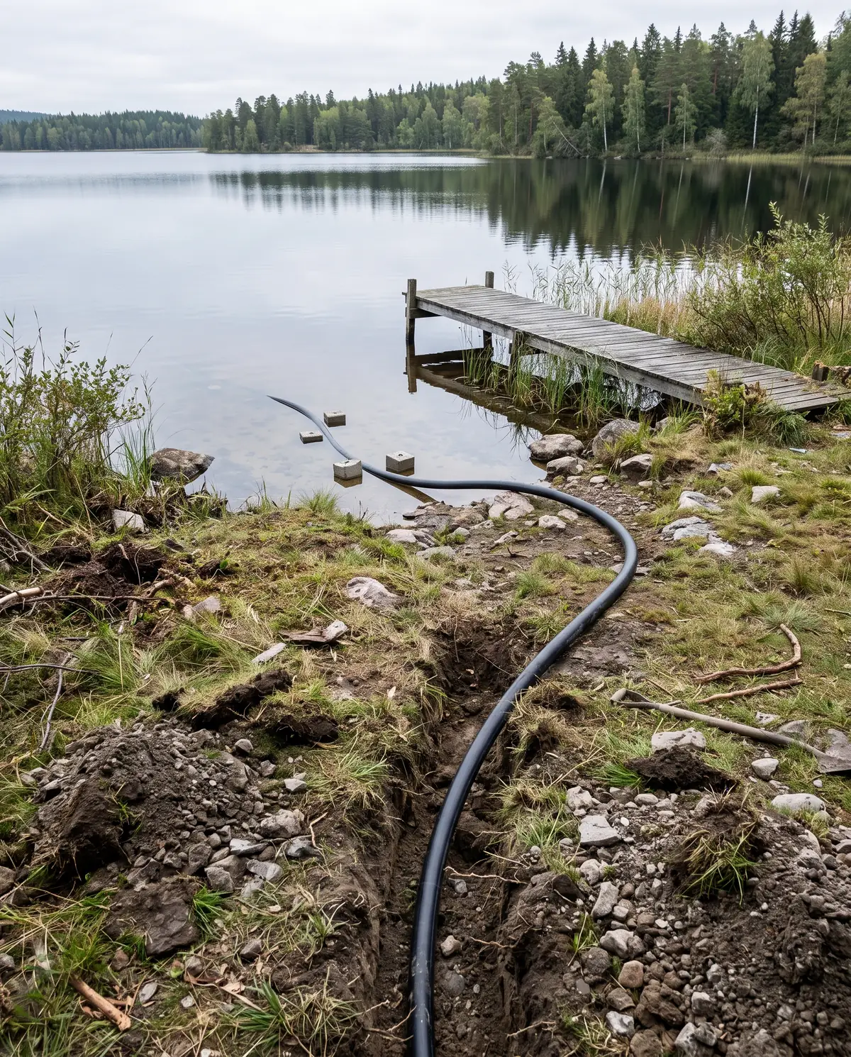 Svart kollektorslang som går från ett dike i strandkanten ut i en lugn sjö, med vikter i vattnet