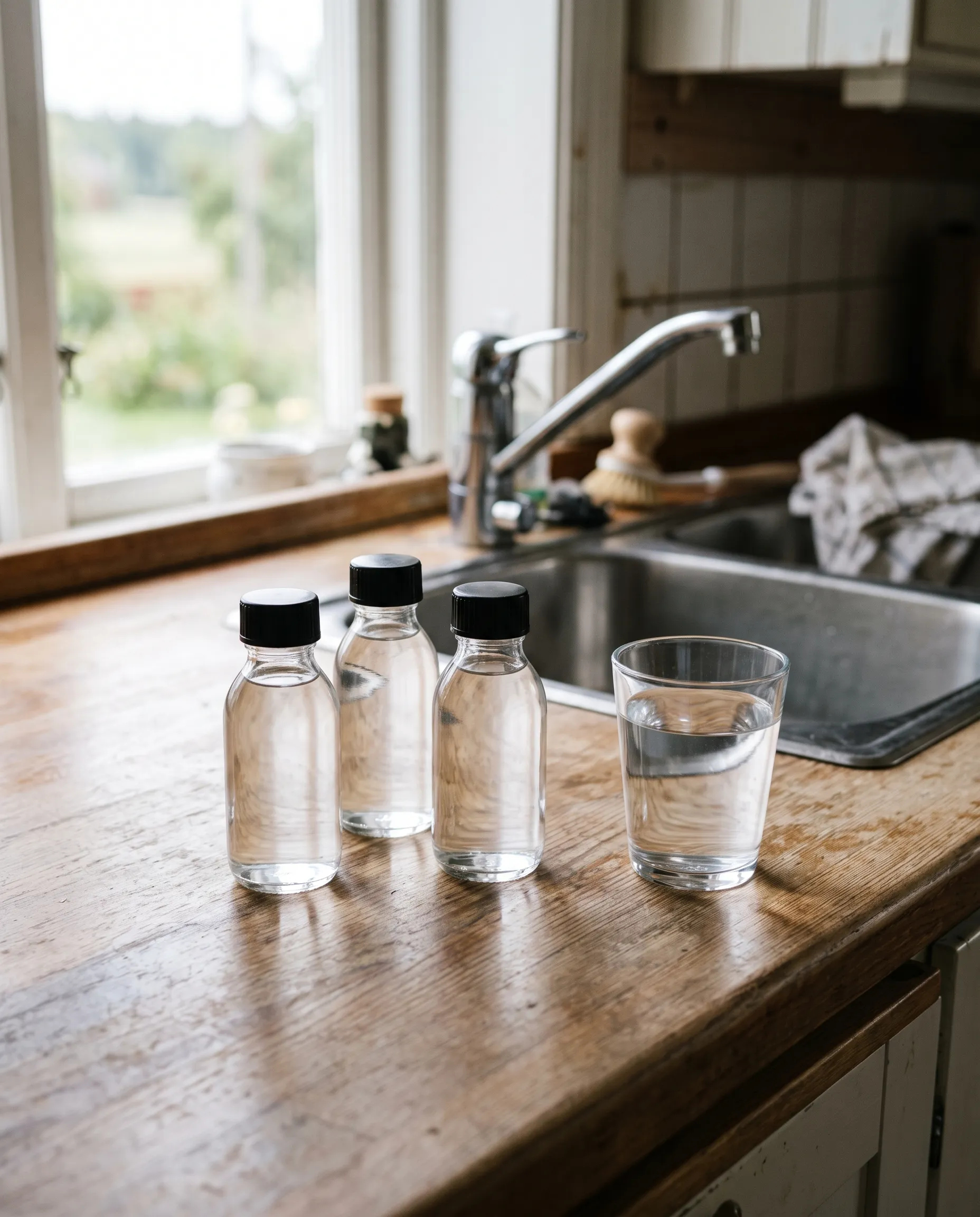 Tre små glasflaskor med vattenprov och ett glas vatten på en träbänk bredvid en kökskran
